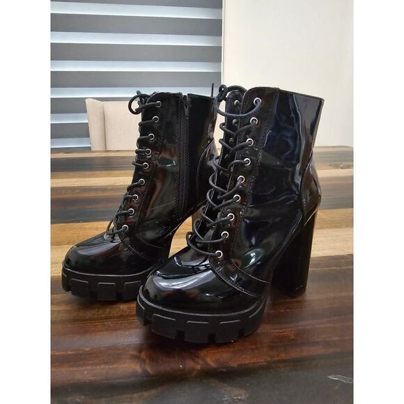 Wild Diva Black Patent Chunky Platform Lace-Up Boots Size 7.5 – Goth Vibes - Picture 4 of 11